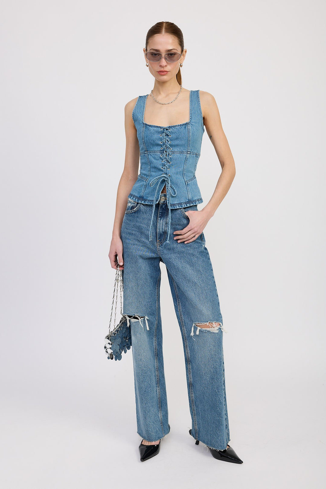 Denim Lace Up Bustier Top