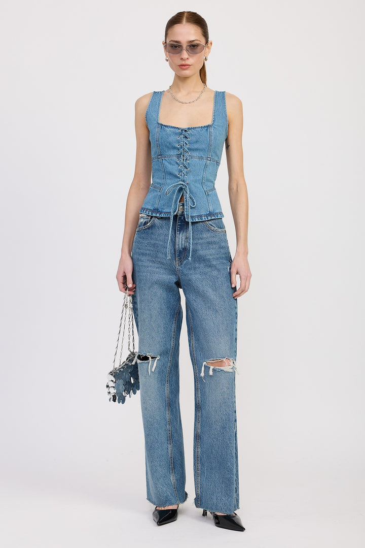 Denim Lace Up Bustier Top