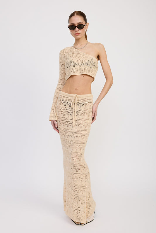 Cream Crochet Maxi Skirt With Waist Drawstrings