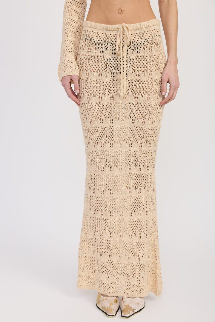 Cream Crochet Maxi Skirt With Waist Drawstrings