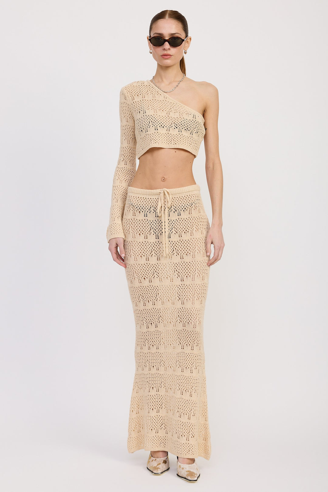 Cream Crochet Maxi Skirt With Waist Drawstrings