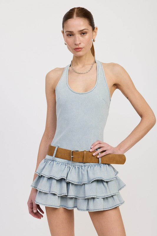 Lt Denim Tiered Mini Dress With Halter Neck And Belt