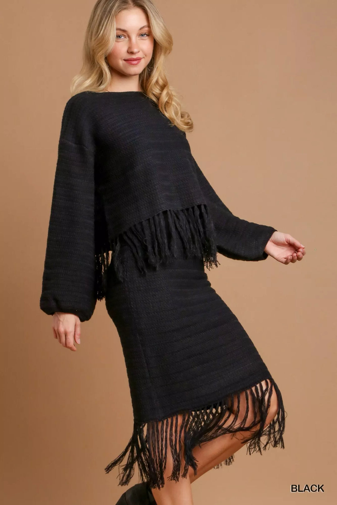 Black Umgee Crochet Knit Crop Top With Frey Hem