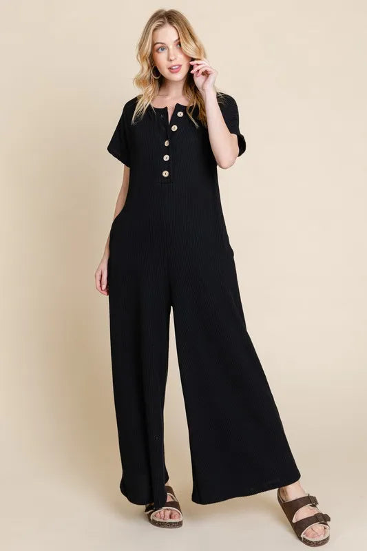 Black Bombom Rib Knit Jumpsuit With Button Detail 3