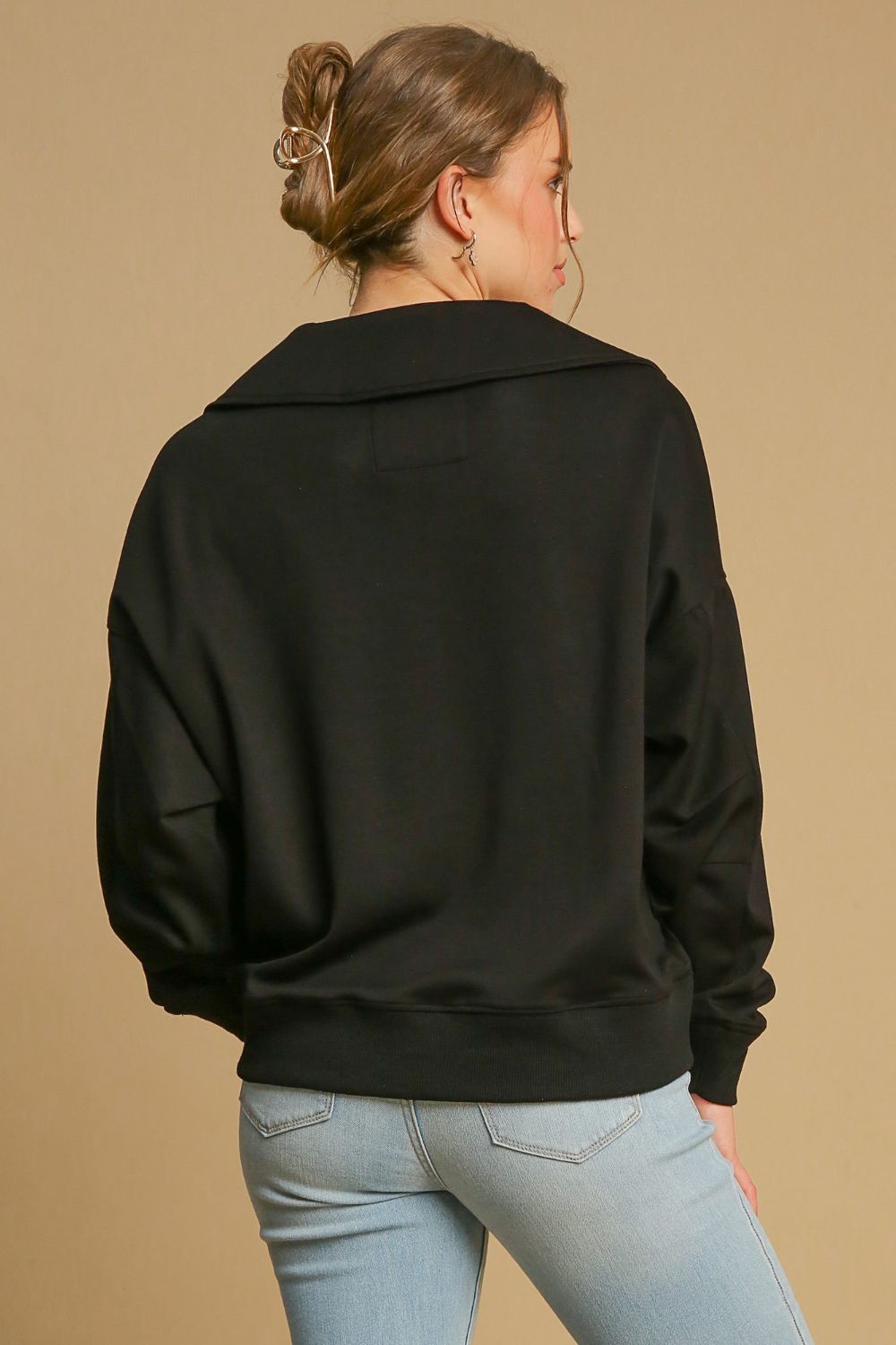 Black Umgee Johnny Collar Dropped Shoulder Sweatshirt