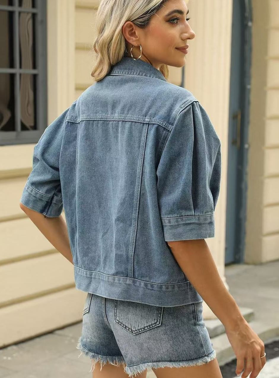 Blue Short Sleeve Denim Button Front Jacket