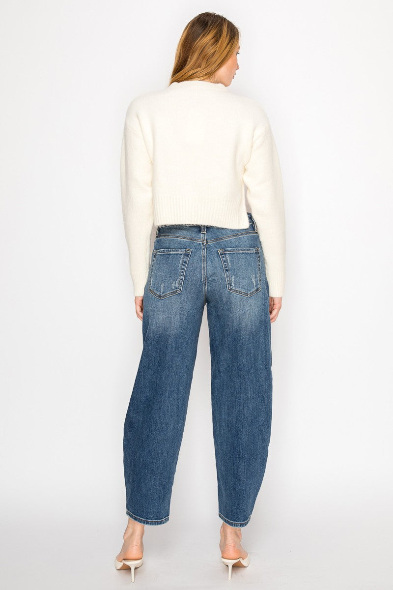 Medium  Stone Wash High Rise Relaxed Barrel Jeans