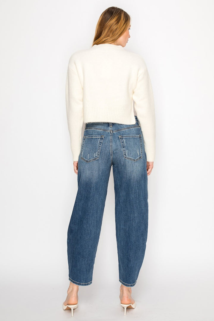 Medium  Stone Wash High Rise Relaxed Barrel Jeans