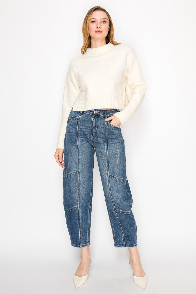 Medium  Stone Wash High Rise Relaxed Barrel Jeans