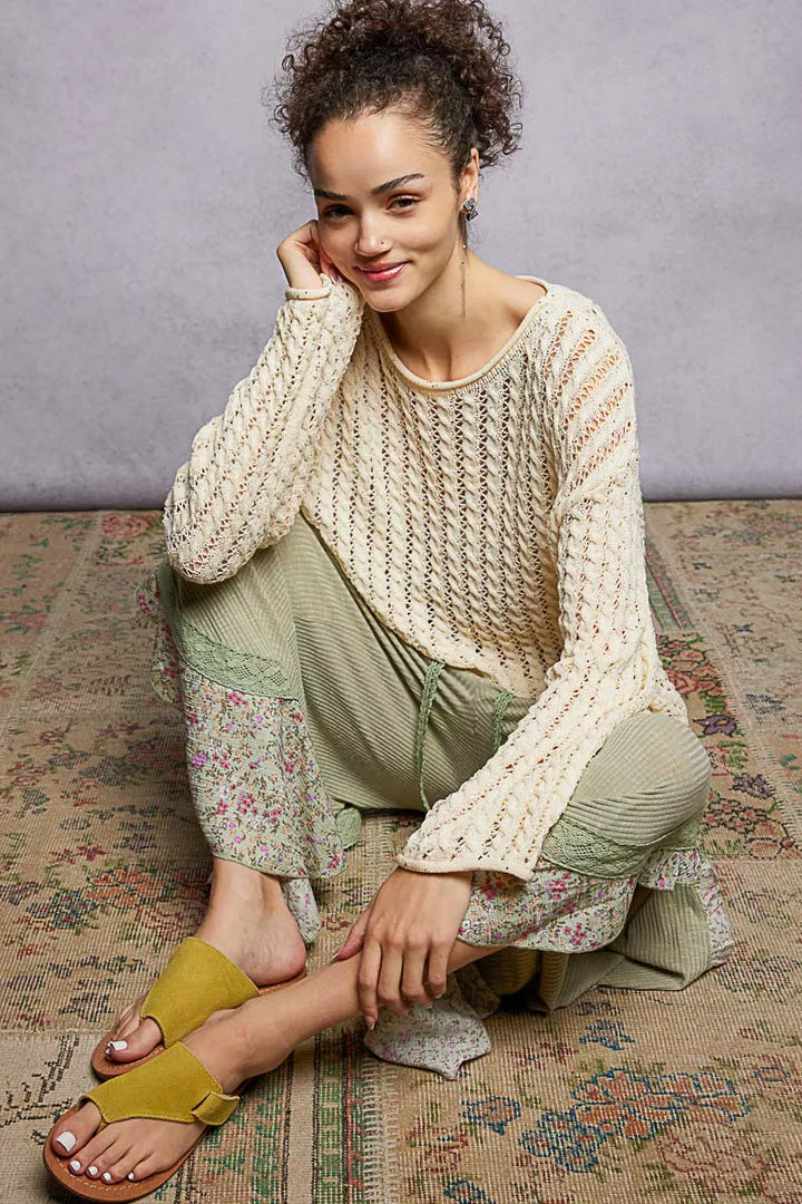 Natural Pol Openwork Round Neck Knit Top With Shiny Detail