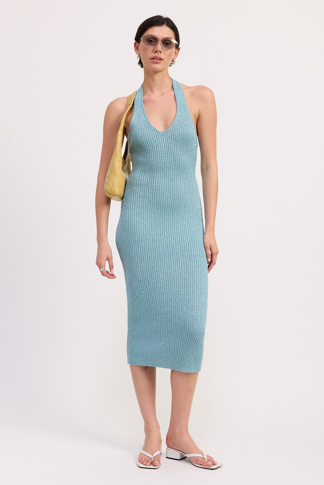 Luminescent Blue Knit Halter Bodycon Midi Dress