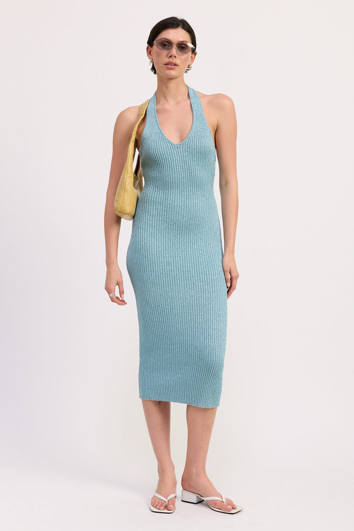 Luminescent Blue Knit Halter Bodycon Midi Dress