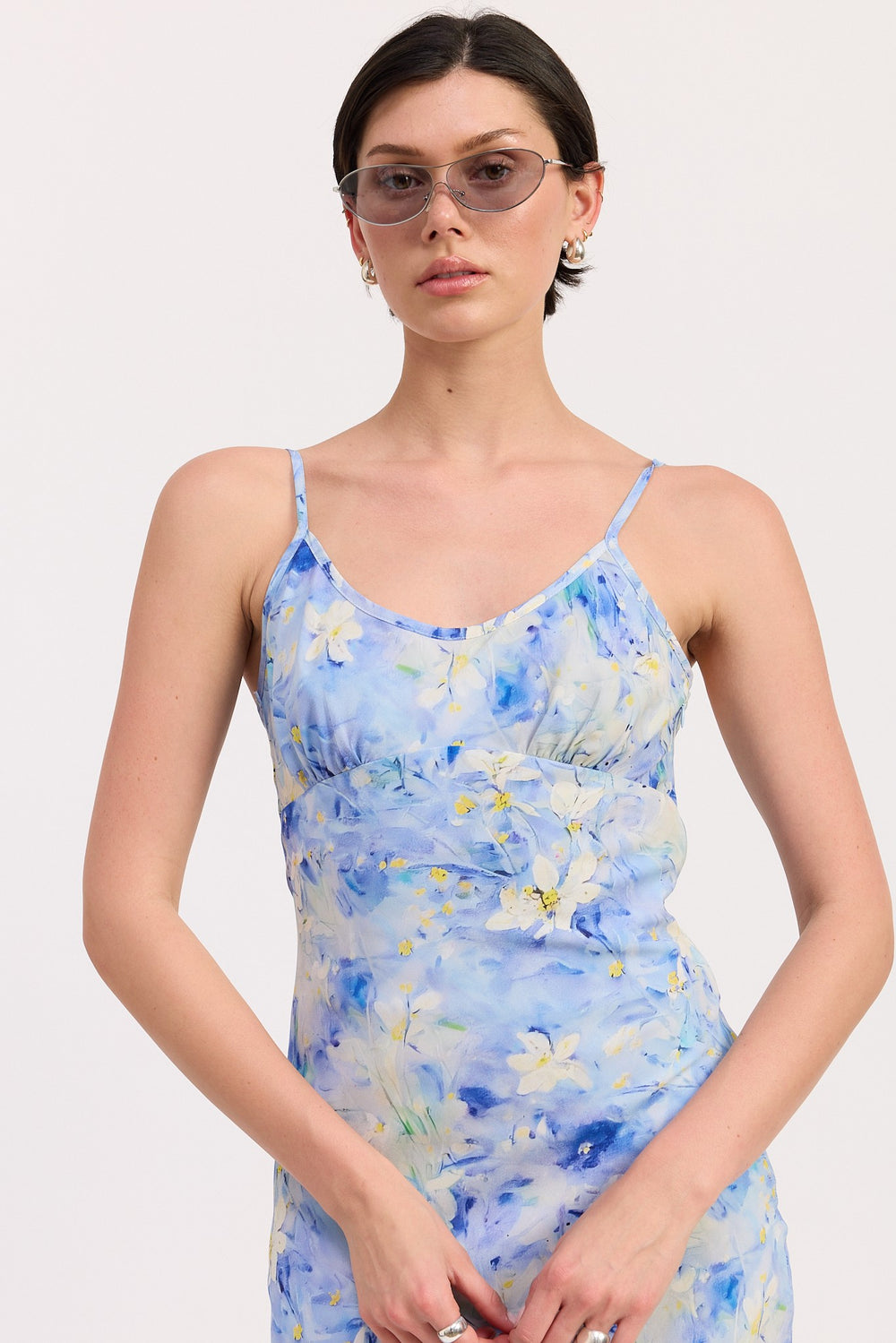 Blue Floral Floral Satin Slip Midi Dress