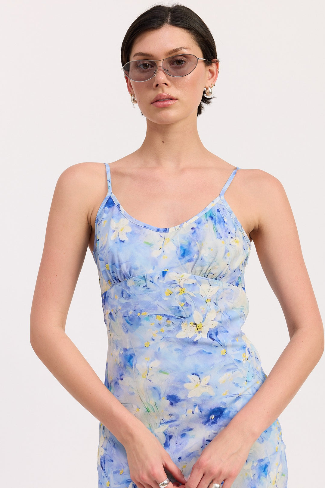 Blue Floral Floral Satin Slip Midi Dress