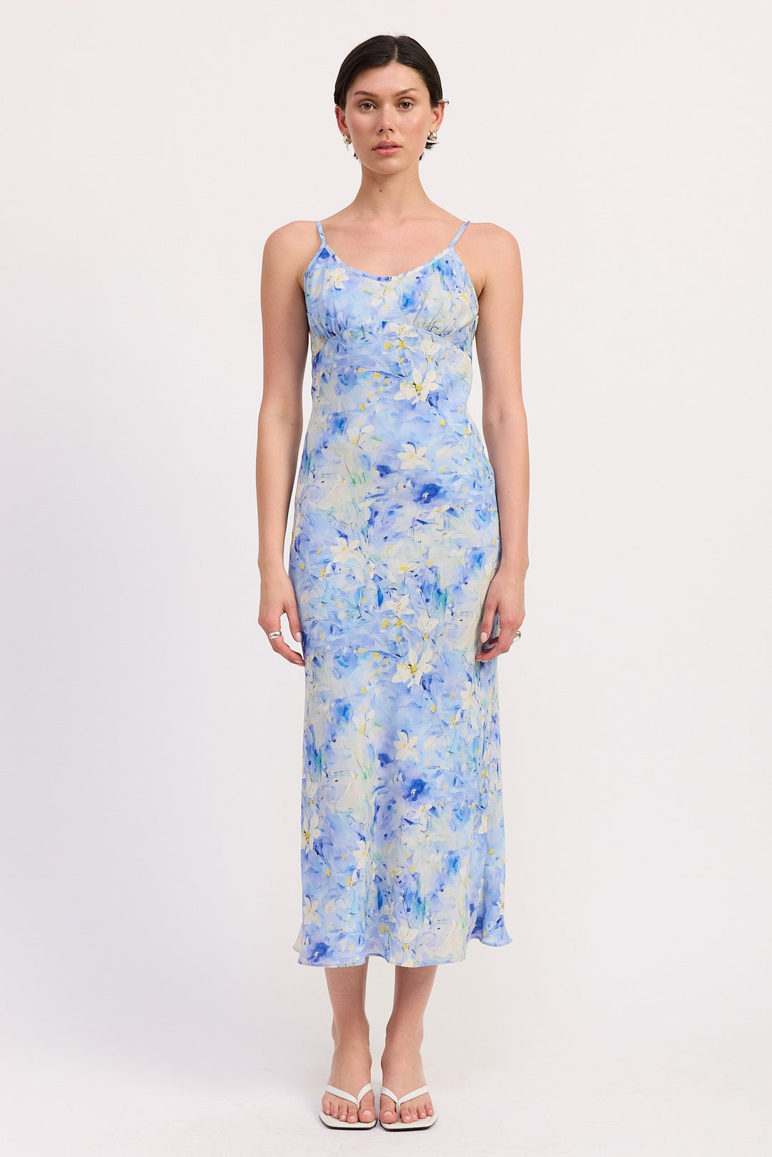 Blue Floral Floral Satin Slip Midi Dress