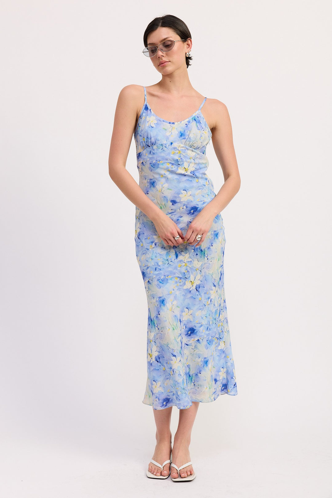 Blue Floral Floral Satin Slip Midi Dress