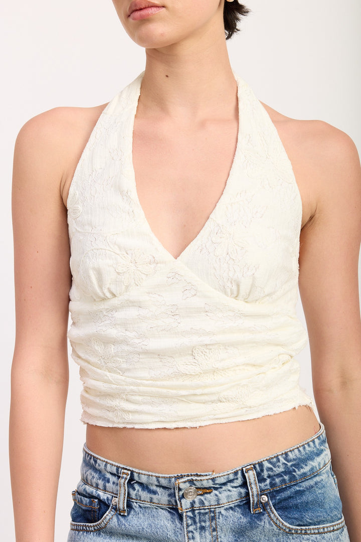 Ivory Cropped Halter Top With Lace Detail