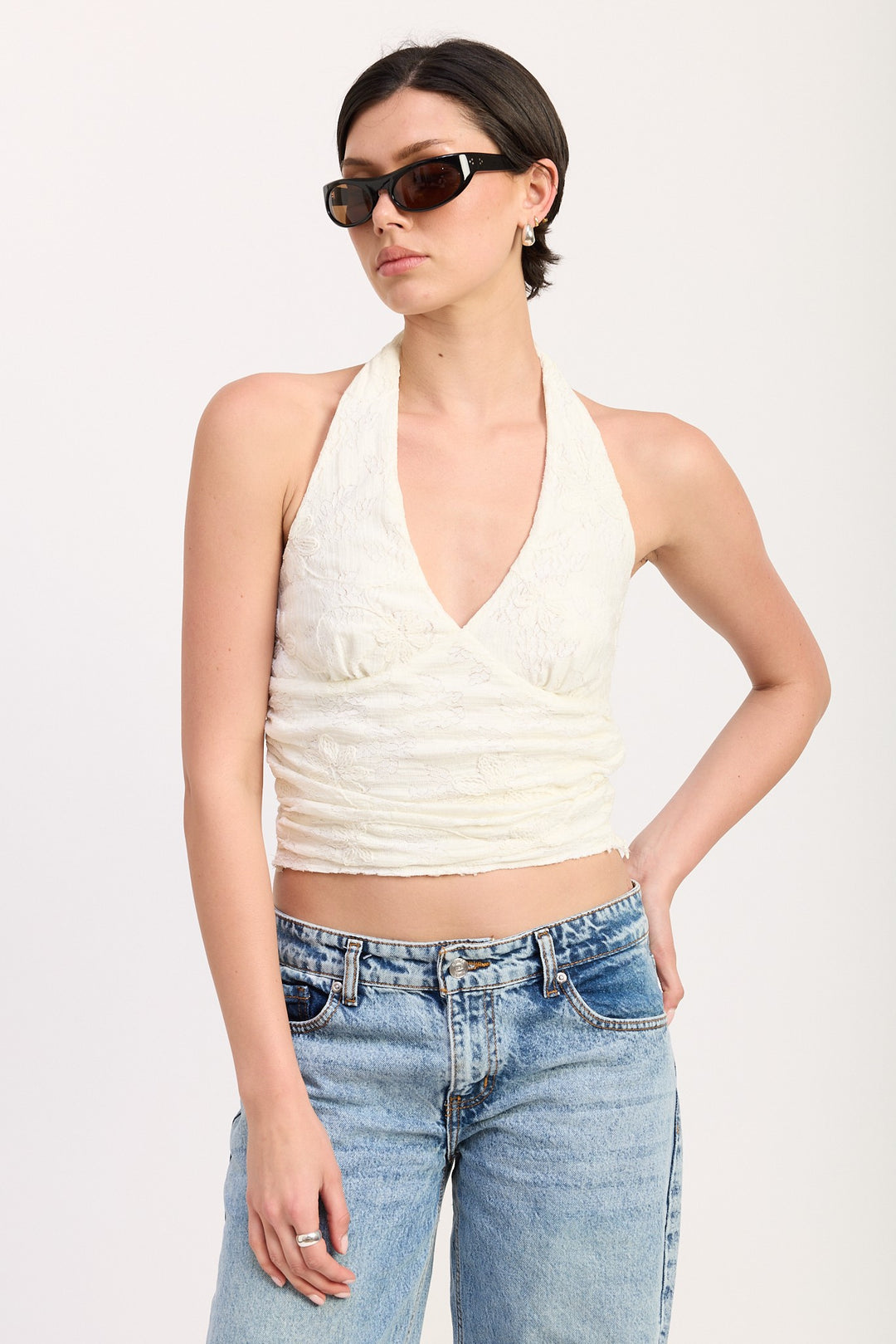 Ivory Cropped Halter Top With Lace Detail