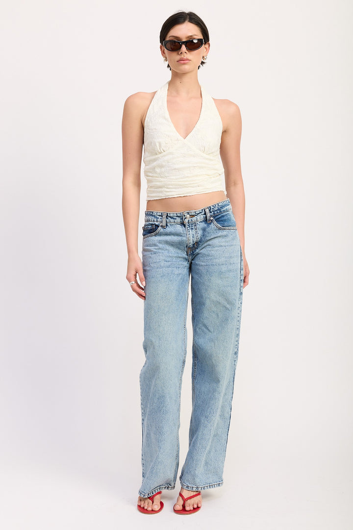 Ivory Cropped Halter Top With Lace Detail