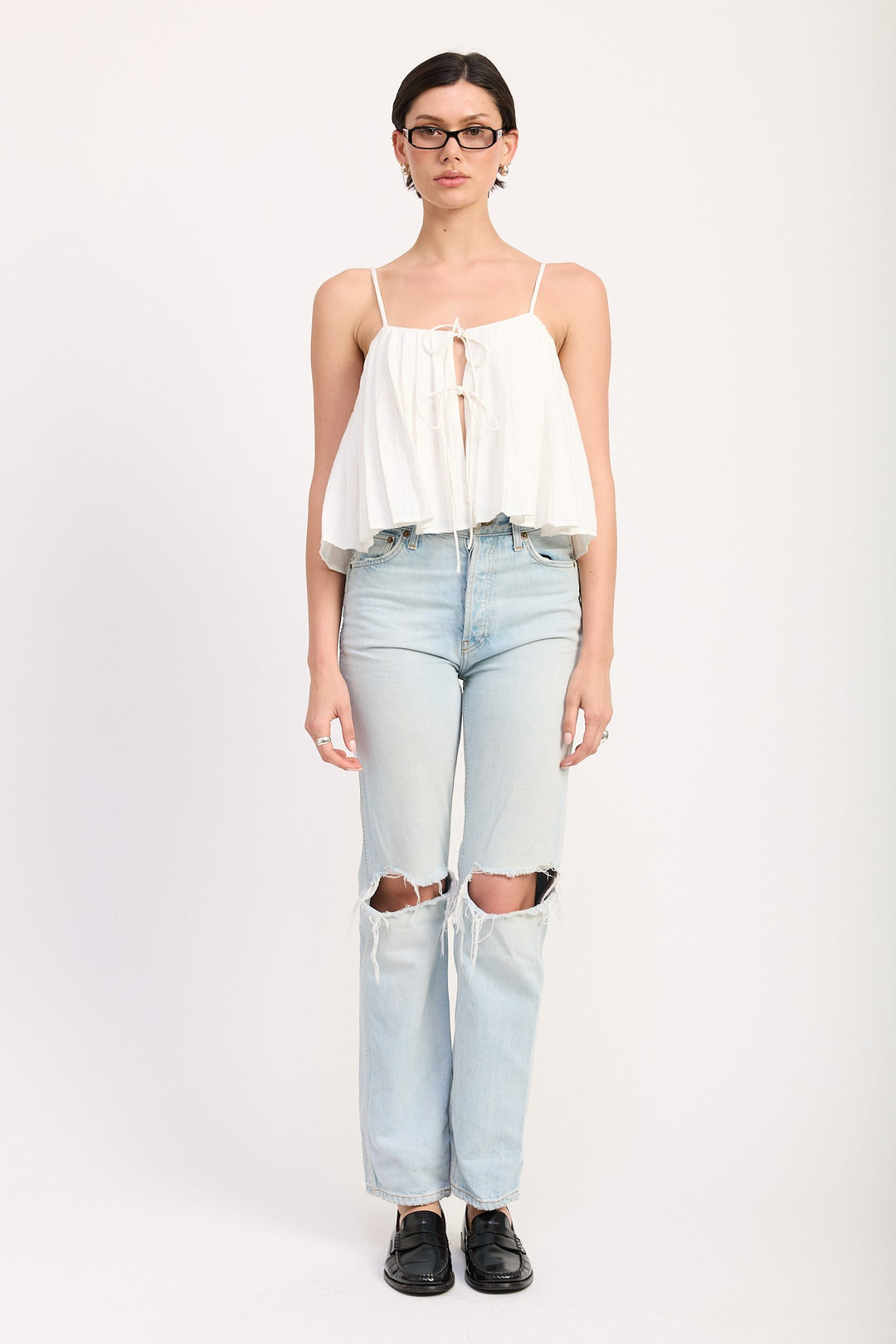 Pleated Tie Front Cami Top