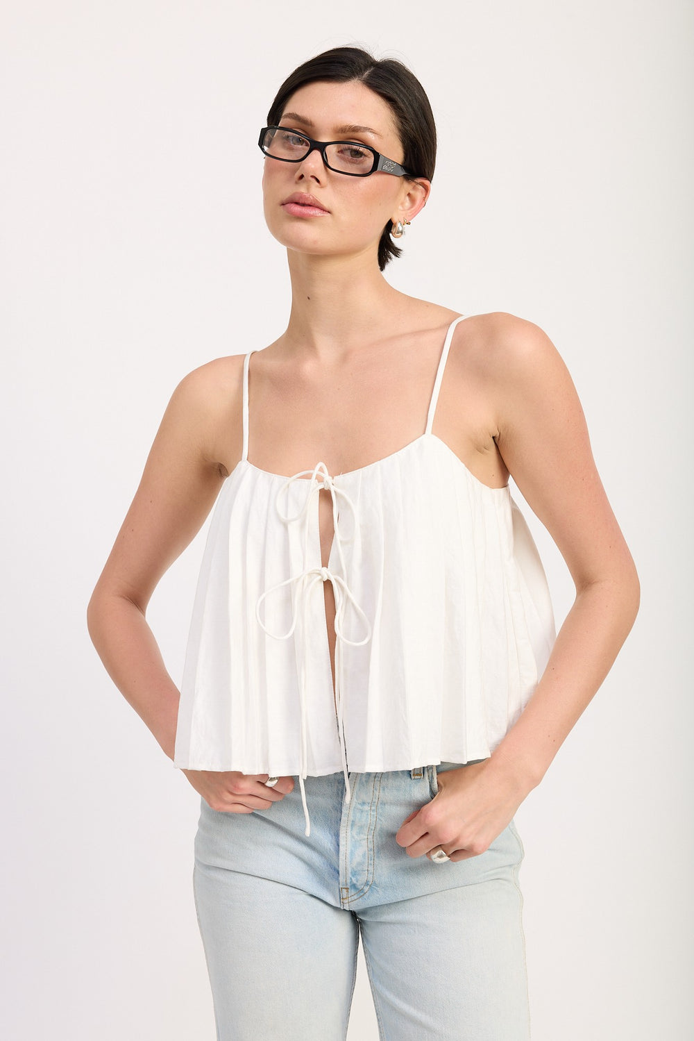 Black Pleated Tie Front Cami Top