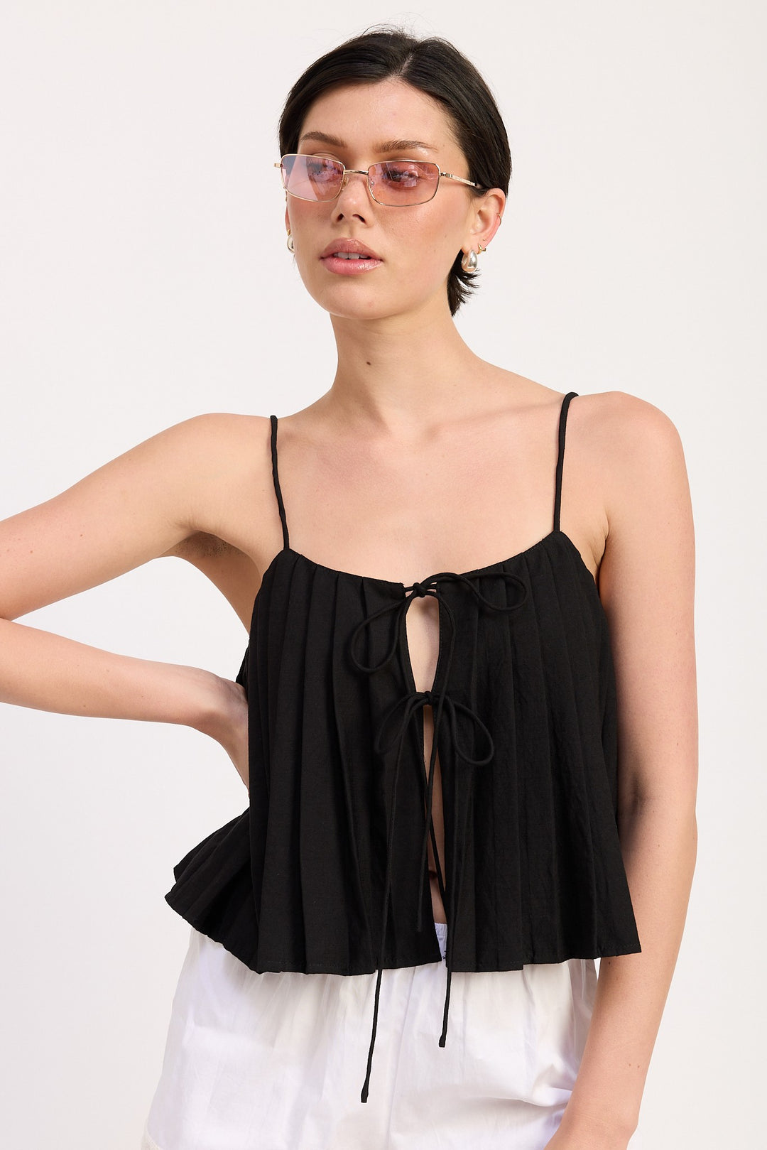 Pleated Tie Front Cami Top