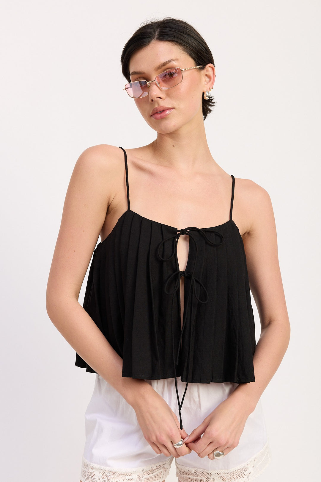 Pleated Tie Front Cami Top
