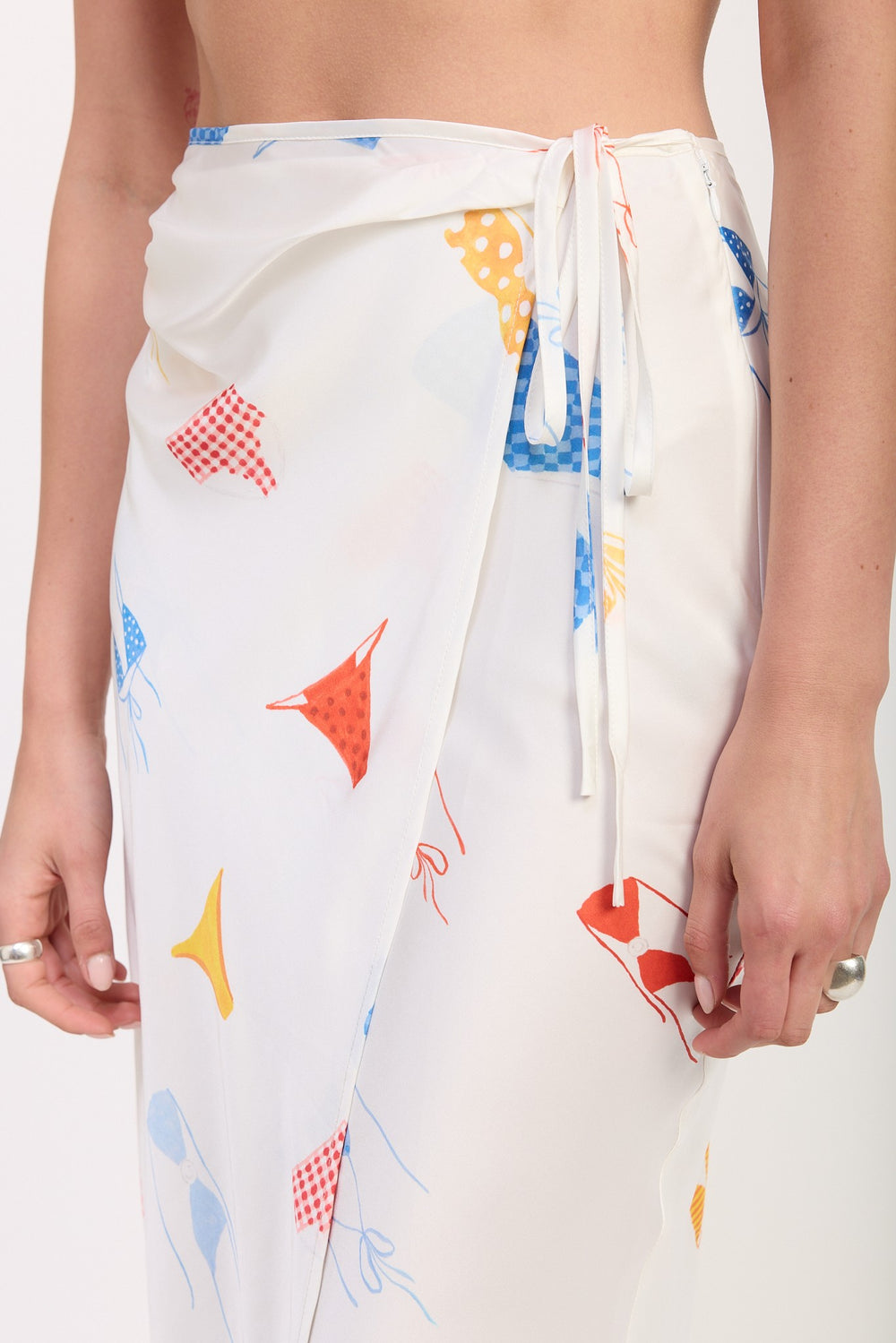 White Bikini Print Printed Satin Midi Skirt With Side Ruche