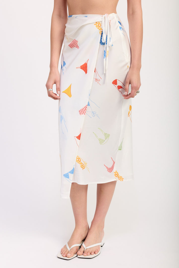 White Bikini Print Printed Satin Midi Skirt With Side Ruche