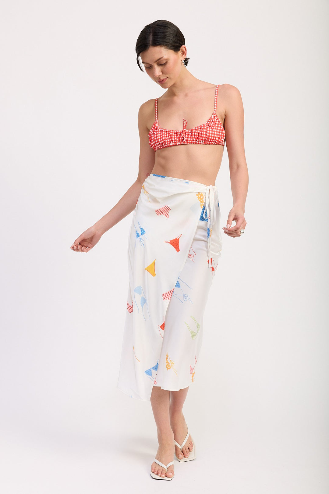 White Bikini Print Printed Satin Midi Skirt With Side Ruche