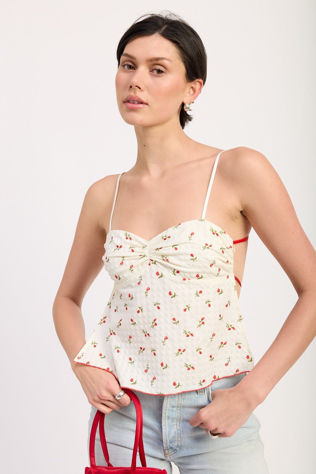 Ivory Red Floral Floral Sweetheart Cami Top