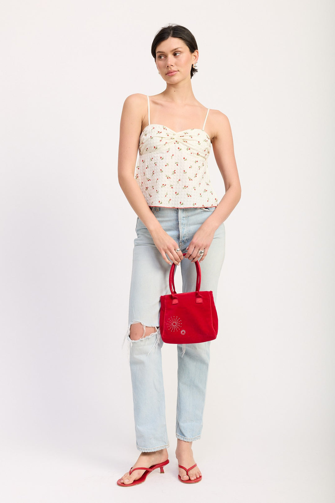 Ivory Red Floral Floral Sweetheart Cami Top