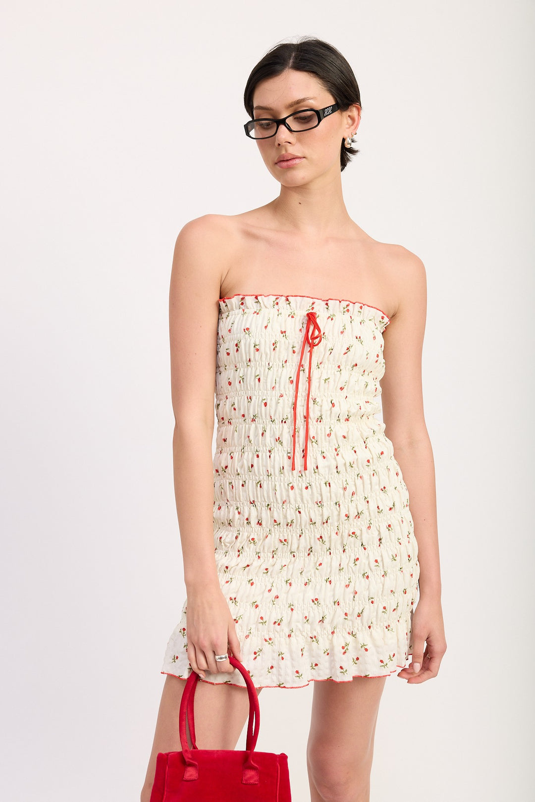 Ivory Red Floral Floral Smocked Tube Dress
