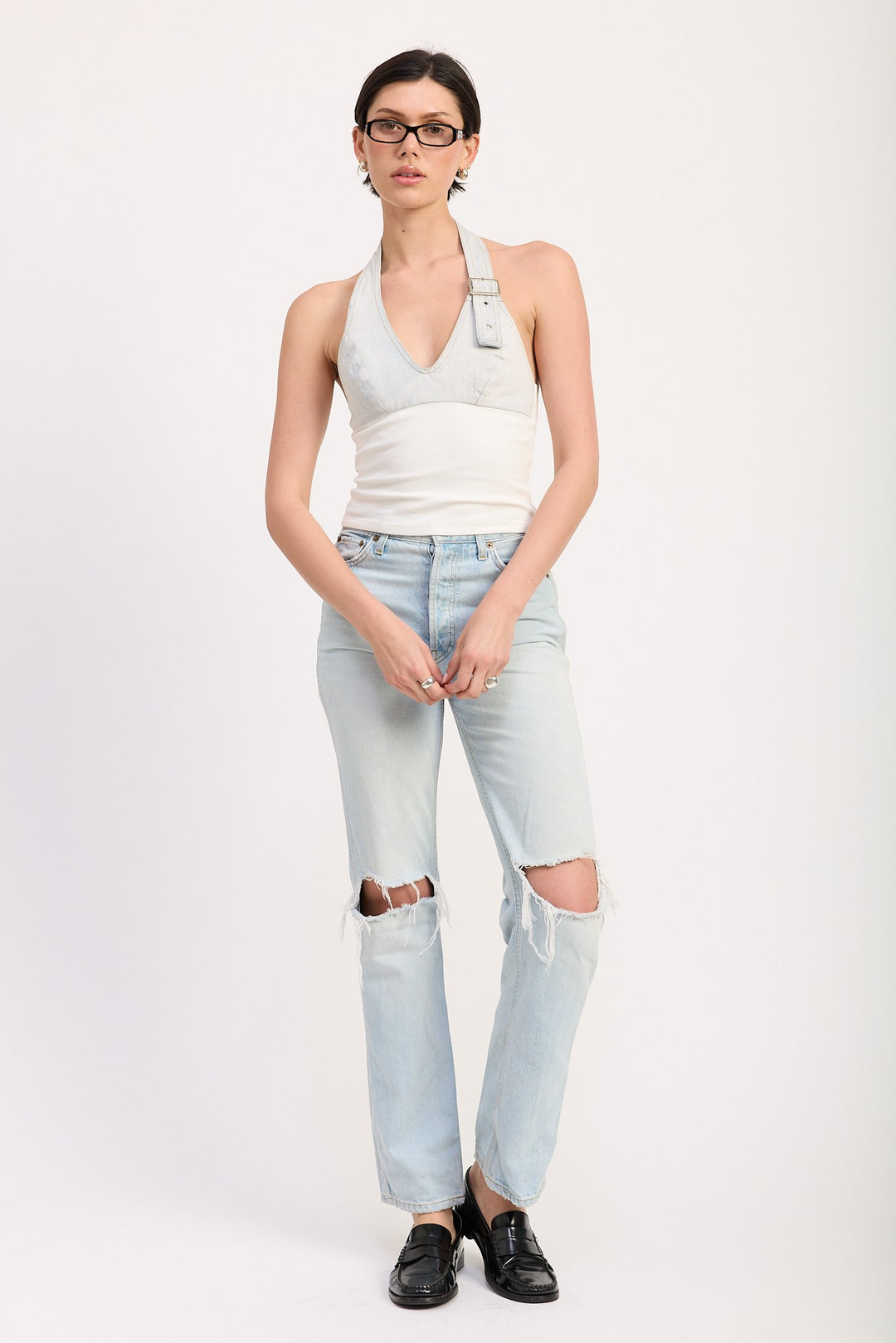Light Denim Combo Contrasted Halter Neck Top