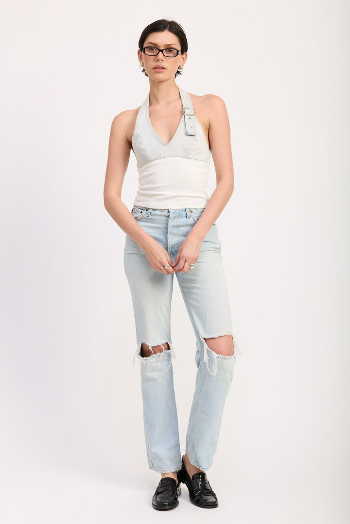 Light Denim Combo Contrasted Halter Neck Top