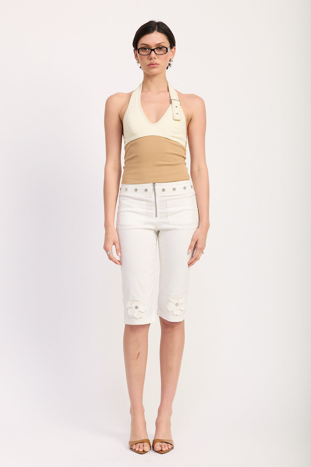 Two Tone Halter Crop Top With Buckle Detail