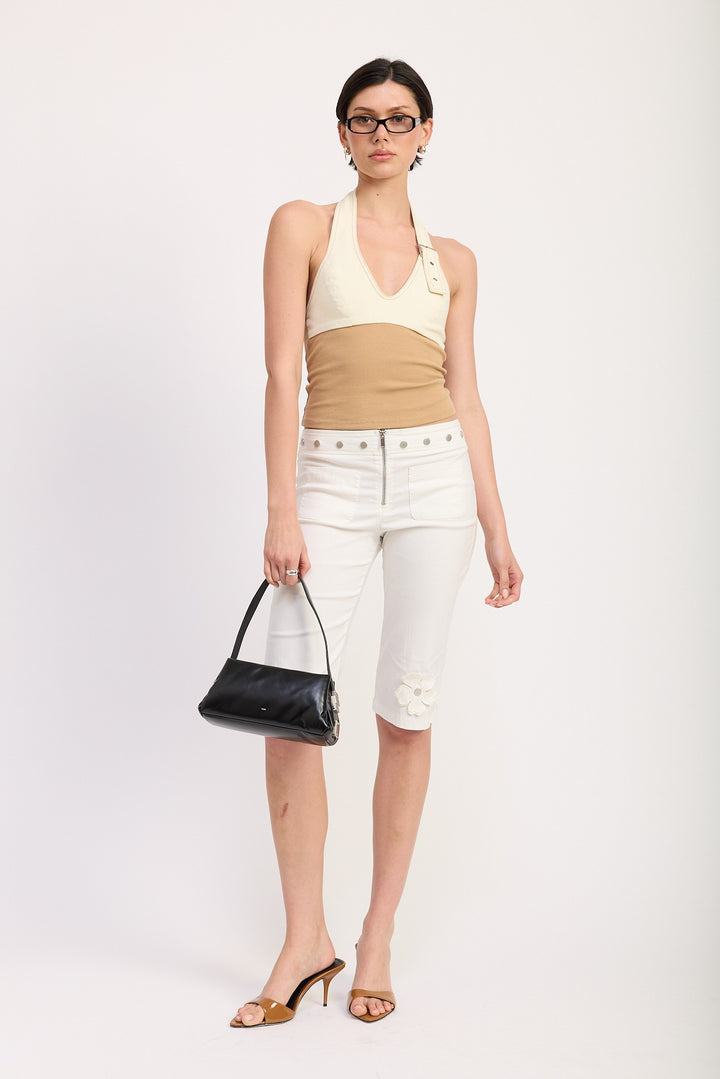 Tan Combo Two Tone Halter Crop Top With Buckle Detail