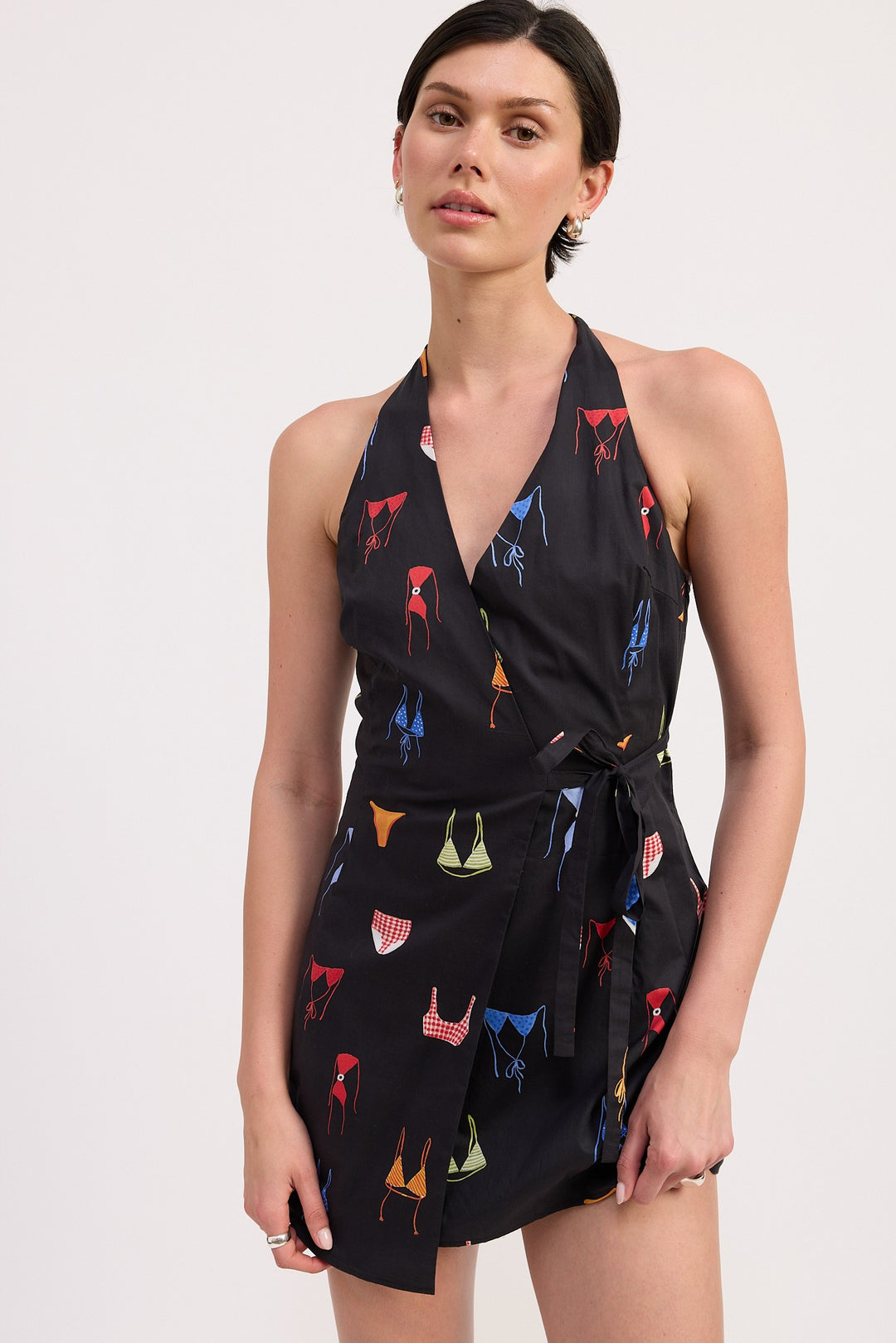 Navy Bikini Print Wrapped Halter Neck Mini Dress