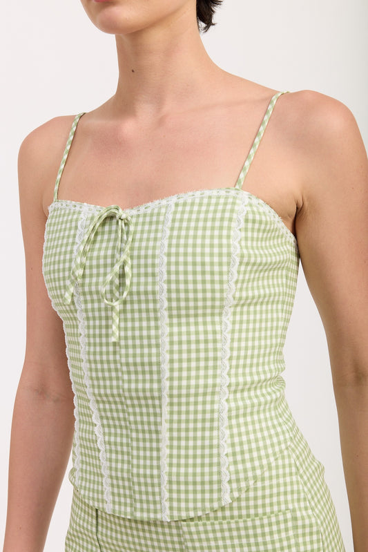Sage Gingham Gingham Bustier Top With Back Tie