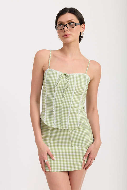 Sage Gingham Gingham Bustier Top With Back Tie