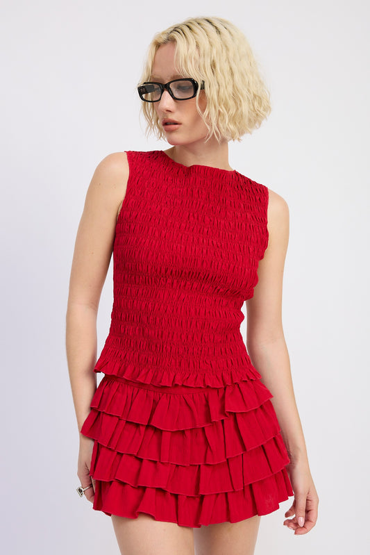 Red Smocked Sleeveless Top With Open Back