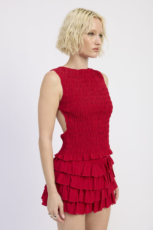 Wine Smocked Sleeveless Top With Open Back