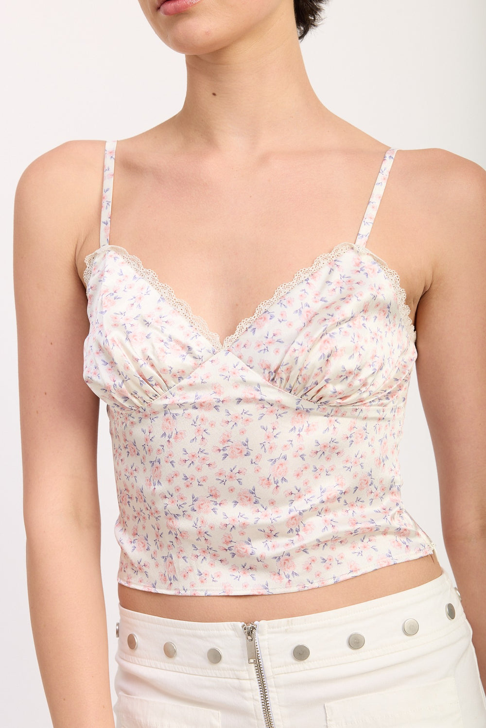 Pink Ditsy Floral Satin Cami Top With Lace Trim