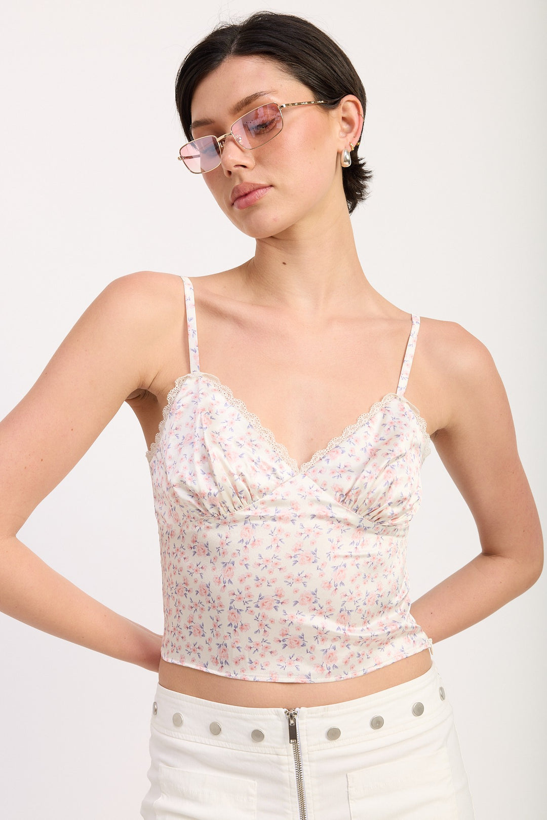 Floral Satin Cami Top With Lace Trim