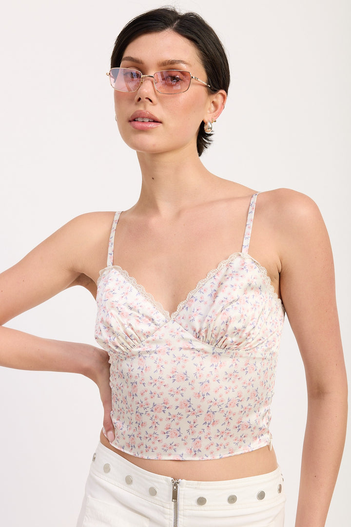 Floral Satin Cami Top With Lace Trim