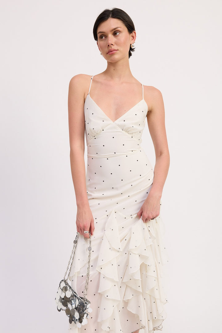 Black White Polka Ruffled Wrap Maxi Dress With Cross Back