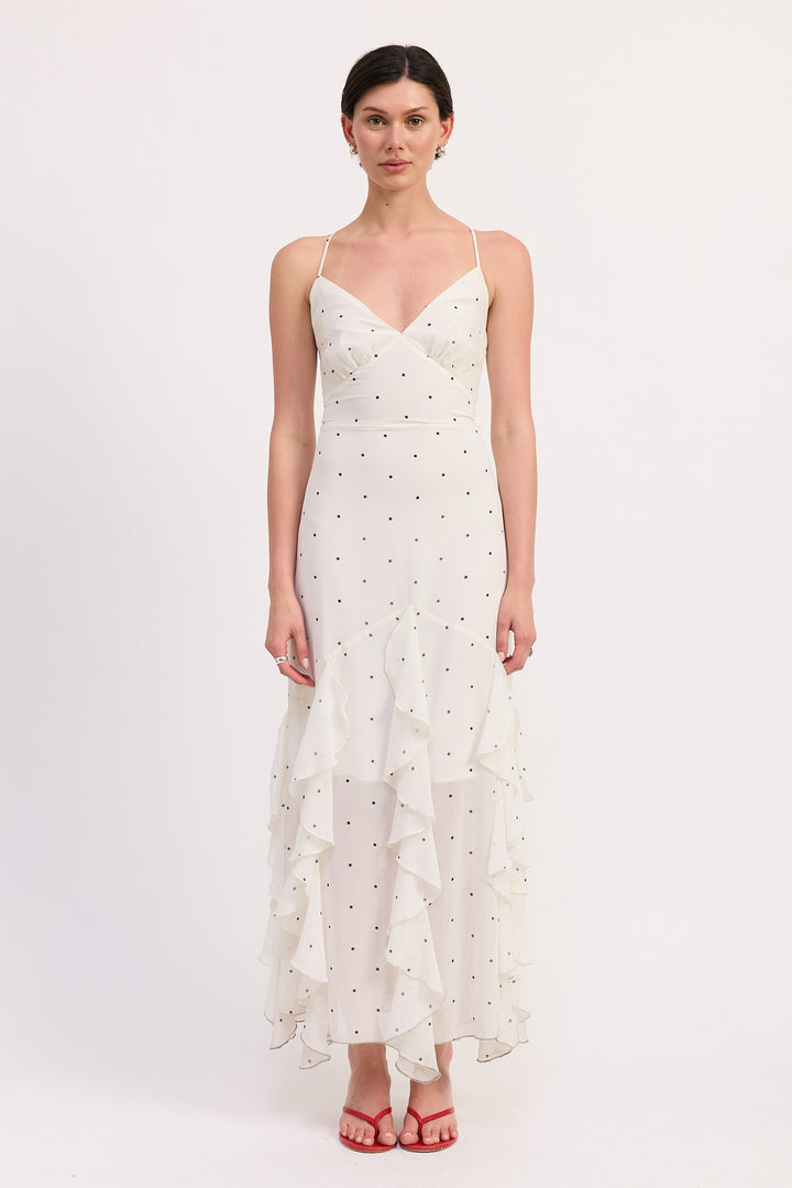 Black White Polka Ruffled Wrap Maxi Dress With Cross Back