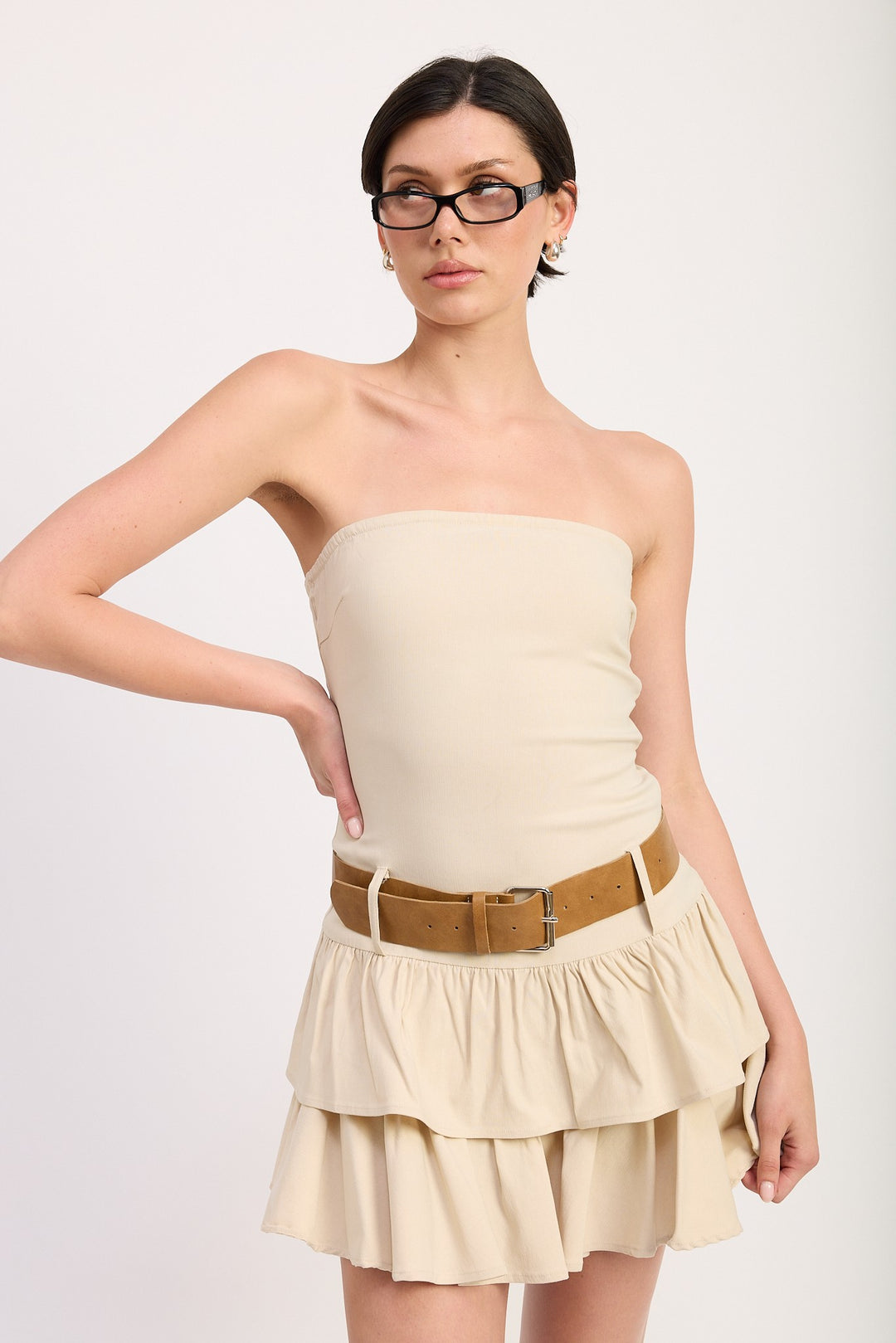 Lt Sand Strapless Tiered Mini Dress With Belt
