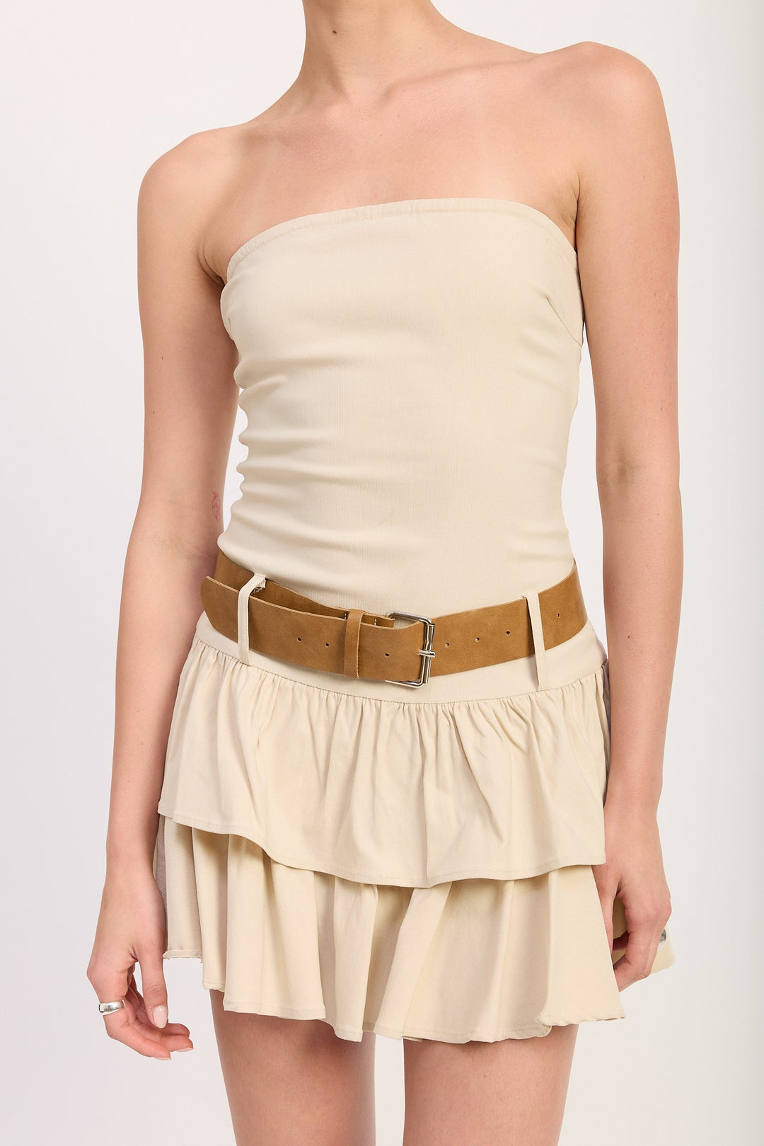 Lt Sand Strapless Tiered Mini Dress With Belt
