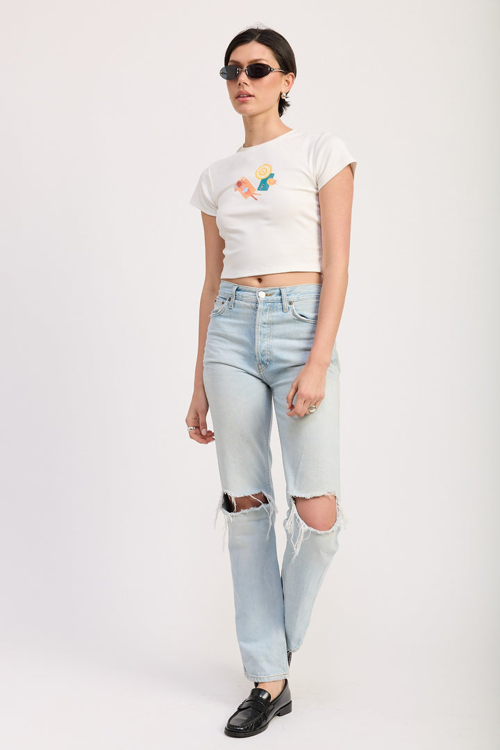 White Embroidered Graphic Baby Tee